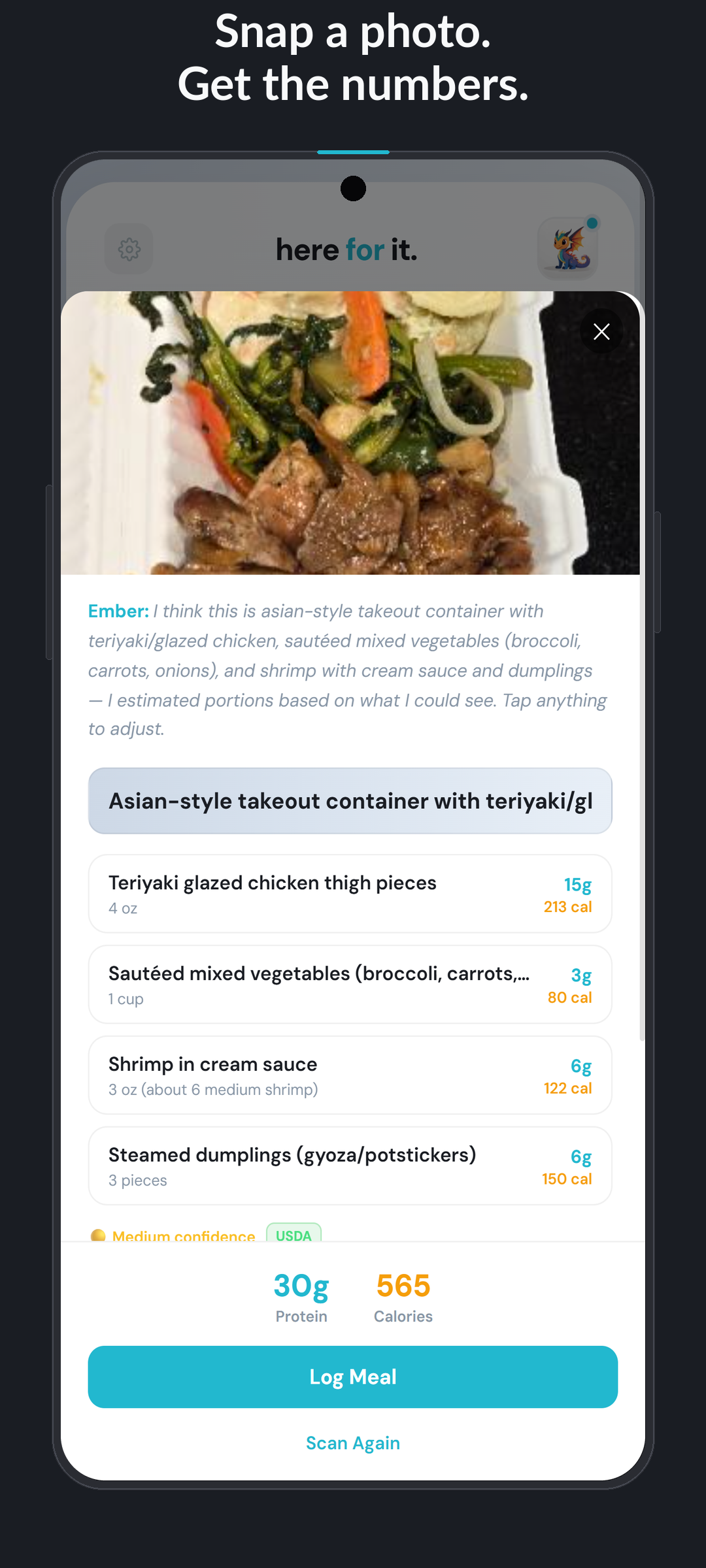HereForIt meal scan screenshot